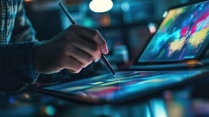 Wall Mural - graphic designer work on computer laptop and with graphic drawing pen while brainstorming unique des