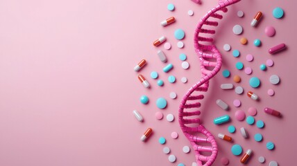 Dna helix and colorful pills on pink background scientific study health and medicine creative layout
