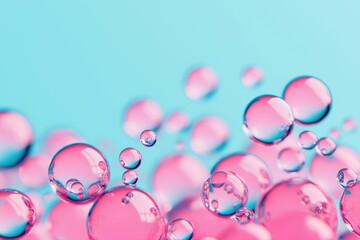 Poster - Bubbles rising vibrant pink on aqua background abstract photography studio environment close-up view fluidity concept