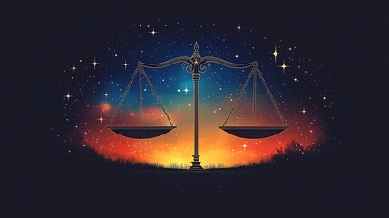 Wall Mural - Cosmic Balance Scales Glowing Vividly Against Night Sky. AI Generated