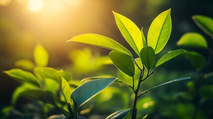Poster - Close-up of healthy green leaves on a young tree, with soft sunlight filtering through, representing the growth and hope in reforestation efforts