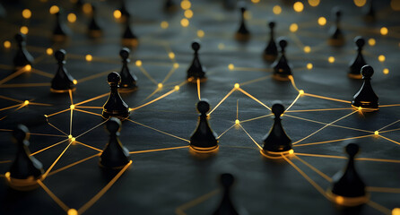 Poster - A network of black pawns on the board, connected by yellow lines