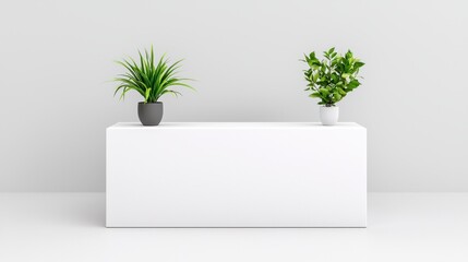 Wall Mural - Two green plants in a white box on a white surface with a sleek promotional counter mockup in the background