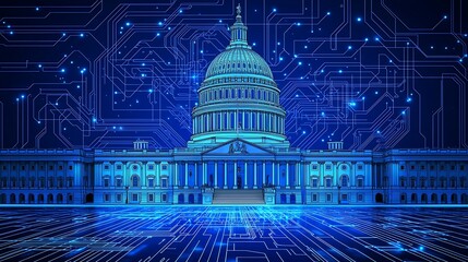 Poster - Capitol Building, digital network, data flow, futuristic background, government technology