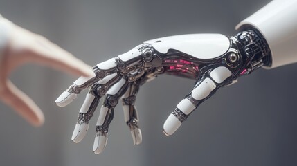 Poster - A striking image depicting a robotic hand reaching out to touch a human hand, showcasing the intersection of humanity and advanced technology in a visually compelling way.
