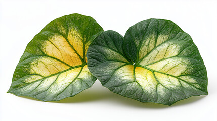 Two Caladium leaves show their intricate veining and textures