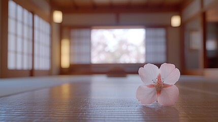 Canvas Print - Cherry blossom rests on Japanese room table, spring view