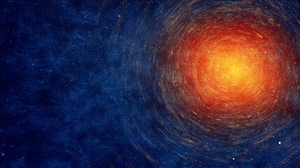 Wall Mural - Intense swirling nebula glows warmly bright orange yellow against deep blue cosmic background. AI Generated