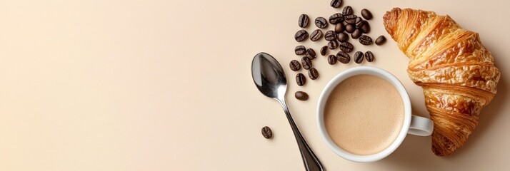 Aufkleber - Enjoying coffee and croissant together on a soft background at the morning breakfast table with gentle light illuminating the scene. Generative AI