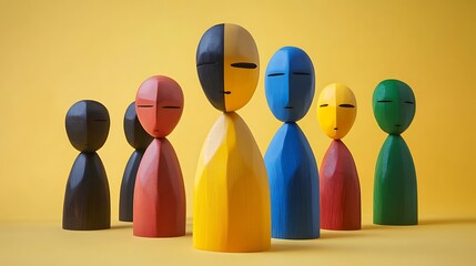 Poster - Colorful Wooden Figurines in a Row, Abstract Art, Minimalist Design, Diversity Concept