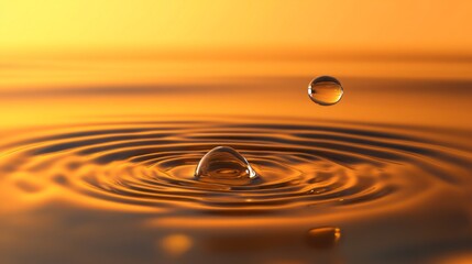 Poster - As the sun sets, droplets of water play on a smooth surface, creating ripples and reflecting warm golden tones. Each droplet captures the fleeting beauty of twilight