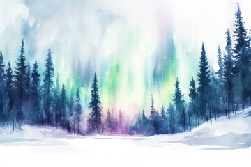 Aufkleber - Northern lights illuminate a winter landscape with snow covered trees in a serene natural setting at dawn. Generative AI