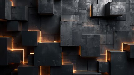 Poster - This dark wallpaper features a striking arrangement of black cubes with illuminated edges, creating a modern, abstract design ideal for digital backgrounds or artistic projects.