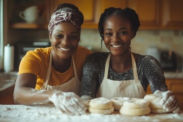 Sticker - Mother and daughter making biscuits at home, wearing aprons and smiling