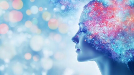 Poster - Profile of a person with colorful particles, in a dreamy and celestial atmosphere