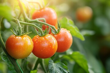 Sticker - Ripe tomatoes growing on the vine in a greenhouse