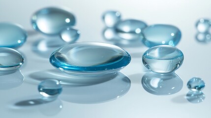 Aufkleber - Delicate water droplets rest gracefully on a polished surface, showcasing their translucent forms while interacting with light. The overall effect is mesmerizing and tranquil
