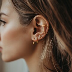 Wall Mural - Elegant ear piercings with gold and diamond jewelry close-up