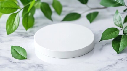 Aufkleber - A minimalist round white podium rests gracefully on a polished marble surface, framed by vibrant green foliage