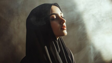 Poster - A young muslim woman engages in heartfelt prayer, surrounded by a calm atmosphere that fosters reflection and inner peace. The soft light adds a mystical quality to her devotion