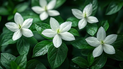 Wall Mural - A close-up of white flowers surrounded by green leaves, showcasing nature's beauty.