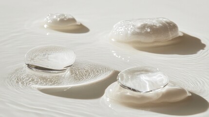Poster - Soft morning light illuminates water droplets resting on a sleek surface, each drop reflecting its surroundings while forming delicate ripples, creating a serene atmosphere