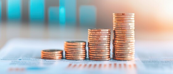 Wall Mural - funds bars mutual concept. Stacks of coins representing growth and financial success on a blurred background.