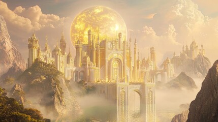 Wall Mural - Celestial City Encased in a Dome with Golden Sunlight Reflection