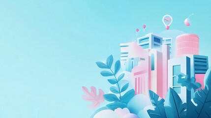 Poster - stylized cityscape with buildings and plants in pastel colors on light blue background
