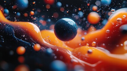 Wall Mural - Abstract image of a blue sphere floating above orange liquid with small bubbles and droplets.