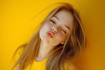 Photo of a beautiful woman with long, straight blonde hair, wearing casual and pouting her lips, isolated on a yellow background with copy space. Portrait of a young girl looking at the camera and mak