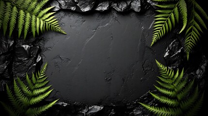 Wall Mural - Lush green ferns frame dark stone background. AI Generated