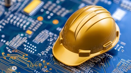 Poster - Close up view of a gold safety helmet resting on a blue circuit board. The image highlights the contrast between construction and technology