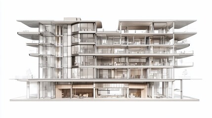 Poster - Architectural drawing of a multi-story building with a glass facade and balconies on a white background
