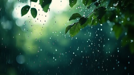 Poster - Delicate water droplets glisten on vibrant green glass, forming a captivating display that mirrors the refreshing essence of nature. A tranquil moment captured during a gentle rain