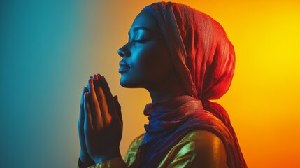 Poster - A young muslim woman is deeply immersed in prayer, her hands clasped in front of her face