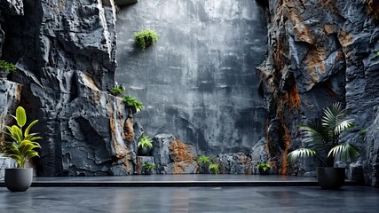 Poster - Tranquil modern interior with natural rock wall and lush greenery accents
