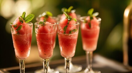 Wall Mural - An exclusive summer cocktail party scene, where watermelon and mint salad is served in mini champagne glasses with an aromatic herb garnish