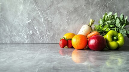 Poster - Colorful array of fresh fruits and vegetables on a marble surface highlighting natural textures and vibrant colors. Generative AI