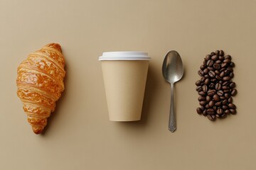 Aufkleber - Morning delight with croissant, coffee, and spoon arranged on a neutral background for a perfect breakfast flat lay. Generative AI