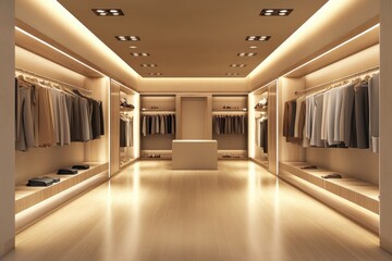 Poster - Modern minimalist clothing store interior with warm lighting and organized display. Generative AI
