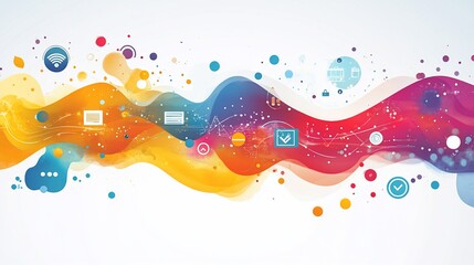 Aufkleber - Abstract colorful wavy flow with connected icons on white background design