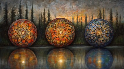 Wall Mural - Serene stained glass spheres reflect softly in tranquil evening lake water. AI Generated