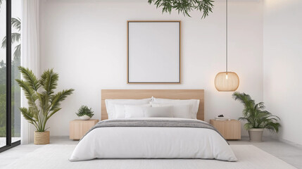 Wall Mural - Minimalist Bedroom Interior: A serene and minimalist bedroom interior design featuring a plush bed, a sleek nightstand, and a large empty picture frame above it. The room boasts large windows.