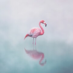 Wall Mural - Regal flamingo stands majestically in a crystal-clear lake surrounded by soft morning mist and warm light