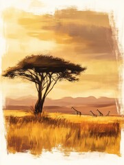 Poster - Majestic giraffes walking gracefully under a stunning sunset near an acacia tree in the savanna. Generative AI
