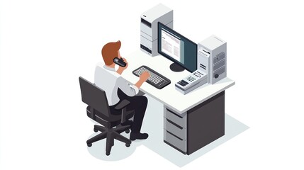 Poster - Man on phone, working at computer, office desk, website