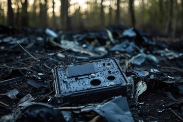 Poster - Black box recorder found among scattered airplane debris in a forest environment following a tragic incident. Generative AI