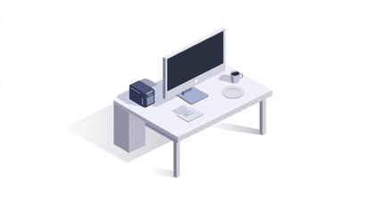 Poster - Isometric Office Desk with Computer and Accessories