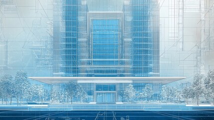 Poster - Architectural blueprint of a modern building with blue tinted glass and trees around